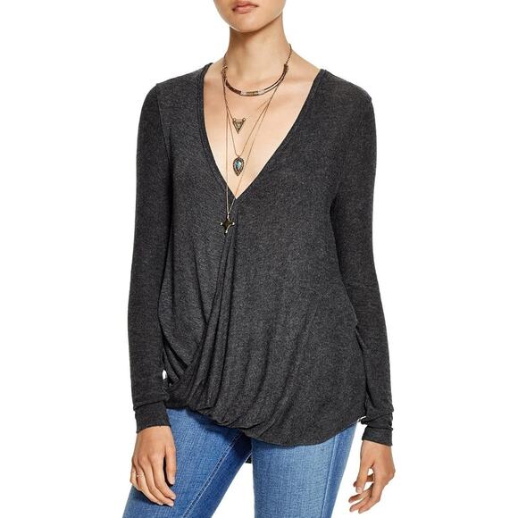 Free People Miss Rose Draped Front Jersey Knit Blouse Dark Grey Heather Wrap XS - Picture 1 of 16
